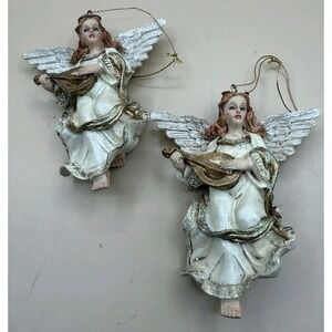 Set Of Two Christmas Angels Playing The Mandolin Vtg Ornaments Holiday Lot